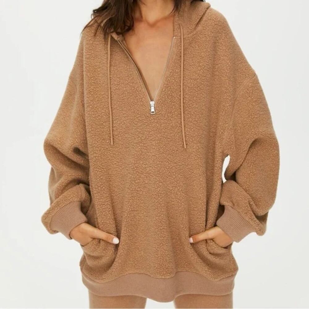 Aritzia The Group Babaton Lillian Wool Brown Faux Sherpa Hoodie Sweater Top M